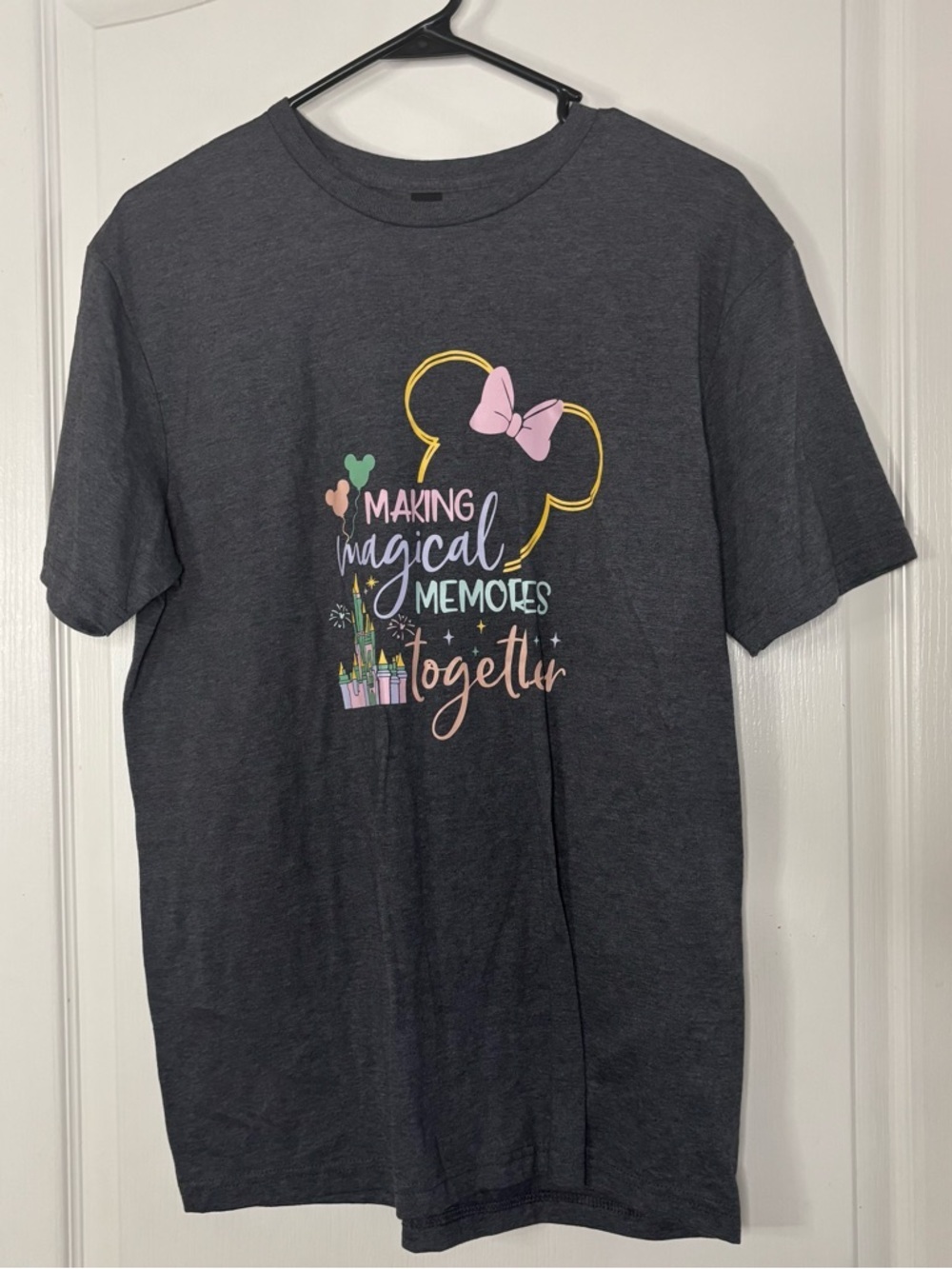 Gildan Dark Gray Tee with Pastel Minnie Bow & Castle Graphic